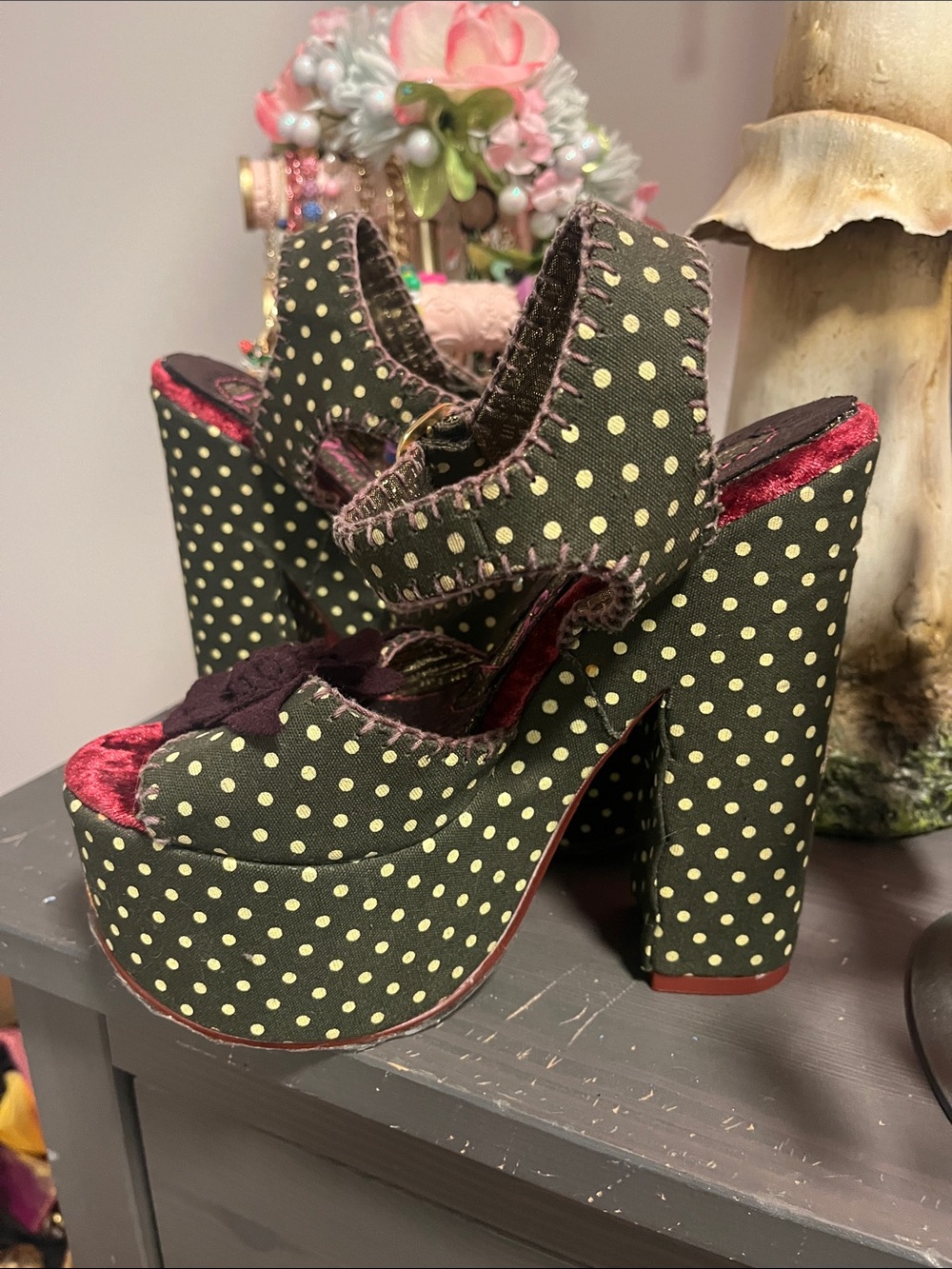 Irregular Choice Green Polka Dot Floral Platform Sandals - Picture 12 of 15